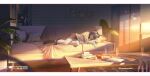  1girl absurdres apple arknights book bottle7 ch&#039;en_(arknights) controller couch cup dragon_horns dragon_tail drinking_glass food fruit highres horns living_room on_couch picture_frame plant potted_plant remote_control sleeping table tail tissue_box twilight 