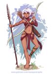  1girl ankle_lace-up anklet barefoot bow_(weapon) braid commission cross-laced_footwear dark_elf dark_skin elf jewelry loincloth maxa&#039; navel original pointy_ears polearm quiver short_hair side_braid single_sleeve spear standing standing_on_one_leg tan tattoo tribal weapon white_hair yellow_eyes 