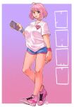  1girl ahoge breasts cellphone holding holding_phone idolmaster idolmaster_cinderella_girls large_breasts looking_at_viewer phone pink_eyes pink_hair shoes short_hair smartphone smile sneakers snowcie solo yumemi_riamu 