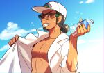  1boy baseball_cap bottle clenched_teeth clouds commentary_request day facial_hair fingernails green-framed_eyewear hair_bun hat highres holding holding_bottle holding_coat kukui_(pokemon) labcoat lobolobo2010 male_focus one_eye_closed outdoors pokemon pokemon_(game) pokemon_sm sky sleeves_rolled_up smile solo sunglasses sweat teeth water_bottle white_headwear 