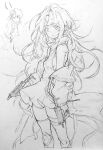  1girl breasts gun jacket long_hair monochrome olys original skirt small_breasts weapon 