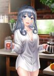  1girl blue_eyes blue_hair blush breasts coffee coffee_mug coffee_pot commentary_request cup dress_shirt enemy_lifebuoy_(kantai_collection) gotland_(kantai_collection) hair_between_eyes kantai_collection kitchen long_hair long_sleeves looking_at_viewer medium_breasts mole mole_under_eye mug mug_writing naked_shirt no_bra no_pants print_mug shirt solo unowen white_shirt window 