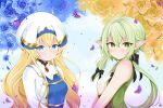  2girls absurdres bangs black_bow blonde_hair blue_eyes blue_flower bow breastplate breasts bug butterfly elf eyebrows_visible_through_hair floating_hair flower from_side goblin_slayer! green_eyes green_hair hair_between_eyes hair_bow high_elf_archer_(goblin_slayer!) highres huge_filesize insect long_hair multiple_girls onigiri-sama orange_flower pointy_ears priestess_(goblin_slayer!) shiny shiny_hair shirt sidelocks sleeveless sleeveless_shirt small_breasts upper_body very_long_hair 