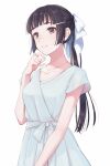  1girl black_eyes black_hair braid collarbone commentary_request dress hair_ornament hair_ribbon hairclip half_updo jewelry kantai_collection long_hair myoukou_(kantai_collection) necklace ponytail ribbon short_sleeves solo totto_(naka) white_background white_dress white_ribbon 