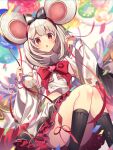  1girl :o animal_ears ass balloon black_legwear bow bowtie collared_shirt fake_animal_ears granblue_fantasy hairband highres holding homaderi kneehighs long_sleeves looking_at_viewer medium_hair midriff miniskirt mouse_ears navel open_mouth red_eyes shirt shirt_overhang skirt solo thighs vikala_(granblue_fantasy) white_hair white_shirt white_skirt wide_sleeves 