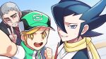  +_+ 3boys bangs baseball_cap black_hair black_jacket blonde_hair blue_eyes clenched_hand commentary_request fingernails grey_hair grimsley_(pokemon) hair_over_one_eye half-closed_eyes hat highres jacket jewelry lobolobo2010 male_focus multiple_boys nanu_(pokemon) necklace pokemon pokemon_(game) pokemon_bw pokemon_masters_ex pokemon_sm red_eyes red_shirt scarf scottie_(pokemon) shirt smile sweat swept_bangs teeth upper_body v white_shirt yellow_scarf 