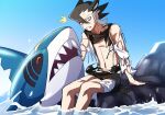  /\/\/\ 1boy arm_support black_hair black_scarf clenched_teeth commentary_request gen_3_pokemon grey_hair grimsley_(pokemon) highres lobolobo2010 long_sleeves looking_down male_focus multicolored_hair navel outdoors pokemon pokemon_(creature) pokemon_(game) pokemon_sm rock scarf sharpedo sitting sky teeth torn_clothes two-tone_hair water 