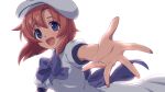 1girl :d backlighting bangs beret bow breasts brown_hair commentary dress floating_hair hair_between_eyes happy hat highres higurashi_no_naku_koro_ni looking_at_viewer medium_breasts open_mouth outstretched_arm purple_bow reaching_out ryuuguu_rena sayshownen short_hair simple_background smile solo spread_fingers upper_body violet_eyes white_background white_dress white_headwear 