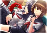  2girls bangs black_hair black_legwear black_sailor_collar black_skirt blush brown_hair closed_eyes closed_mouth commentary_request couch covered_navel creature enemy_lifebuoy_(kantai_collection) eyebrows_visible_through_hair finger_to_mouth furutaka_(kantai_collection) grey_eyes hair_ornament hair_over_one_eye hairclip hand_on_another&#039;s_shoulder hand_on_own_stomach heterochromia index_finger_raised indoors kako_(kantai_collection) kantai_collection long_hair looking_at_viewer midriff midriff_peek multiple_girls navel neckerchief on_couch pillow pleated_skirt red_neckwear sailor_collar school_uniform serafuku shirt short_hair short_sleeves shushing single_thighhigh sitting skirt sleeping smile striped thigh-highs unowen white_shirt yellow_eyes 
