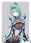  1girl bangs border breasts chest_jewel cowboy_shot earrings gloves green_eyes green_hair grey_background highres jewelry large_breasts long_hair long_ponytail pneuma_(xenoblade) ponytail sarasadou_dan solo swept_bangs tiara very_long_hair white_border xenoblade_chronicles_(series) xenoblade_chronicles_2 