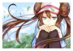  1girl bangs baseball_cap black_legwear blue_eyes blue_shirt border brown_hair closed_mouth double_bun floating_hair hair_between_eyes hat long_hair long_sleeves outside_border pantyhose pokemon pokemon_(game) pokemon_bw2 rosa_(pokemon) shirt sitting solo twintails very_long_hair w white_border white_headwear yomogi_(black-elf) 