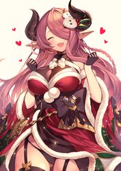  1girl bangs bare_shoulders belt black_gloves black_panties blush braid breasts closed_eyes cowboy_shot draph dress fur_trim garter_straps gloves granblue_fantasy hair_over_one_eye hands_up heart highres homaderi horns large_breasts long_hair low_tied_hair narmaya_(granblue_fantasy) open_mouth panties pink_hair pointy_ears red_dress santa_costume sidelocks simple_background single_braid smile string_panties thigh-highs thighs underwear white_background wide_sleeves 