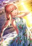  1girl bangs beach bird blurry blurry_background bracelet breasts clouds dress floral_print hair_flaps hair_ribbon jewelry kantai_collection long_hair ocean open_mouth outdoors pink_hair ponytail print_dress ribbon sidelocks sky sleeveless sleeveless_dress solo sunset unowen very_long_hair water yellow_eyes yura_(kantai_collection) 