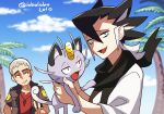  2boys alolan_form alolan_meowth artist_name black_hair black_scarf clouds commentary_request day fang fingernails gen_7_pokemon grey_hair grimsley_(pokemon) half-closed_eyes highres holding holding_pokemon jacket jewelry lobolobo2010 male_focus multicolored_hair multiple_boys nanu_(pokemon) necklace open_mouth outdoors palm_tree pokemon pokemon_(creature) pokemon_(game) pokemon_sm red_shirt scarf shirt short_sleeves sky tongue tree two-tone_hair v watermark 