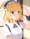  1girl animal_ears arm_up bangs black_neckwear blonde_hair blue_eyes blush breasts center_frills collared_shirt commentary_request fake_animal_ears fleur_de_lapin_uniform floppy_ears frills gochuumon_wa_usagi_desu_ka? highres indoors kirima_sharo looking_at_hand looking_to_the_side maid_headdress open_mouth puffy_short_sleeves puffy_sleeves rabbit_ears raru0310 shirt short_hair short_sleeves smile solo upper_body white_shirt wrist_cuffs 