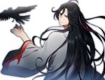  1boy alternate_costume beaugi bird black_hair crow hair_between_eyes highres looking_at_viewer mo_dao_zu_shi red_eyes simple_background solo upper_body white_background white_robe wide_sleeves wuxian_wei 