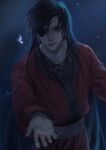  1boy absurdres black_hair bug butterfly dark_background dreamingpool earrings eyepatch highres hua_cheng insect jewelry long_hair looking_at_viewer male_focus outstretched_hand red_eyes solo string string_of_fate tian_guan_ci_fu twitter_username 