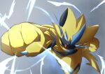  blue_eyes bubobubo clenched_hands commentary_request electricity gen_7_pokemon grey_background highres mythical_pokemon no_humans open_mouth pokemon pokemon_(creature) sharp_teeth solo teeth tongue yellow_fur zeraora 