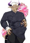  1boy alternate_costume animal_ears bara changpao chest chinese_clothes cow_boy cow_ears cow_horns feet_out_of_frame furry highres horns looking_at_viewer male_focus muscle purple_horns shennong_(tokyo_afterschool_summoners) short_hair sideburns smile solo standing tokyo_houkago_summoners violet_eyes white_hair yanai_inaya 