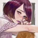  1girl earrings freckles gradient_nails jewelry lipstick looking_at_viewer makeup original portrait purple_hair purple_lipstick purple_nails red_nails shirt short_hair solo tears violet_eyes white_shirt wryx 