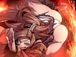 1girl ass brown_hair butt_crack chinese_clothes fire guilty_gear guilty_gear_xrd hair_ring highres kuradoberi_jam long_hair looking_at_viewer open_mouth panties skirt solo thick_thighs thighs tukiwani twintails underwear white_panties