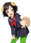  1girl :d animal_ears black_hair black_serafuku black_shirt black_skirt blush cowboy_shot dog_ears dog_tail fangs green_pants hair_ornament hairclip leaning_forward looking_at_viewer neckerchief onsoku_inu open_mouth original pants pleated_skirt red_eyes red_neckwear school_uniform serafuku shirt simple_background skirt smile solo tail white_background 