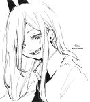 1girl :d bangs blush collared_shirt copyright_request greyscale hair_over_one_eye highres long_hair looking_at_viewer monochrome necktie open_mouth sharp_teeth shirt signature simple_background smile sofra solo teeth twitter_username upper_body white_background 