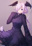  1girl borrowed_character braid brown_legwear closed_mouth coat grey_background hair_over_one_eye hand_up ibuki_notsu long_hair long_sleeves looking_at_viewer one_eye_covered original pantyhose pointy_ears purple_coat purple_hair rapute_(migihidari) single_braid sitting sleeves_past_fingers sleeves_past_wrists smile solo violet_eyes 