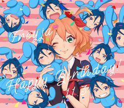  1boy 1girl absurdres blue_eyes blue_hair character_name freyja_wion green_eyes hair_ornament happy_birthday hayate_immelmann heart heart_hair_ornament highres holding holding_stuffed_toy macross macross_delta mosako one_eye_closed open_mouth orange_hair short_hair stuffed_toy waving 