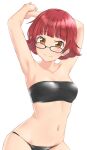  1girl aimobake arms_behind_head arms_up bandeau bangs bespectacled bikini black-framed_eyewear breasts closed_mouth commentary eyebrows_visible_through_hair glasses highres idolmaster idolmaster_million_live! looking_at_viewer navel nonohara_akane orange_eyes redhead short_hair simple_background skindentation small_breasts smile solo standing strapless strapless_bikini swimsuit white_background 