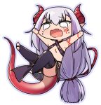  bikini black_legwear chibi criss-cross_halter crying crying_with_eyes_open d: halterneck horns ibuki_notsu lizard_tail melusine_(ibuki_notsu) open_mouth original outstretched_arms pointy_ears purple_outline simple_background spread_arms stirrup_legwear swimsuit symbol_commentary tail tears thigh-highs toeless_legwear white_background 