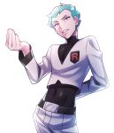  1boy archer_(pokemon) arm_behind_back belt belt_buckle buckle commentary_request covered_navel green_eyes green_hair hand_up highres lobolobo2010 long_sleeves looking_at_viewer male_focus pants pokemon pokemon_(game) pokemon_hgss short_hair solo team_rocket team_rocket_uniform teeth white_pants 