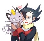  1boy alolan_form alolan_meowth bangs black_hair black_jacket commentary_request elite_four gen_7_pokemon grey_eyes grimsley_(pokemon) hair_between_eyes heart highres holding holding_pokemon jacket lobolobo2010 long_sleeves male_focus one_eye_closed open_mouth pokemon pokemon_(creature) pokemon_(game) pokemon_bw scarf smile tongue upper_body white_background yellow_scarf 