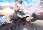  1girl absurdres black_nails blue_sky dark_skin dated glasses gloves grey_jacket hair_between_eyes headgear highres huge_filesize jacket kantai_collection looking_at_viewer musashi_(kantai_collection) one_eye_covered partially_fingerless_gloves pointy_hair reaching_out red_eyes remodel_(kantai_collection) sakuramon semi-rimless_eyewear silver-framed_eyewear sky solo sunrise water_drop yunamaro 