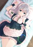  1girl absurdres apron blue_eyes blush bow braid breasts grey_hair hair_between_eyes hair_bow highres indoors izayoi_sakuya looking_at_viewer looking_up lying maid maid_apron maid_headdress on_back on_bed open_mouth samayoi short_hair single_braid solo thighs touhou 