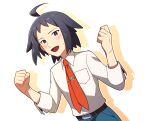  1boy ahoge bangs belt belt_buckle black_eyes black_hair blue_pants blush buckle cheren_(pokemon) clenched_hands collared_shirt commentary_request gym_leader hands_up lobolobo2010 looking_at_viewer male_focus necktie open_mouth pants pokemon pokemon_(game) pokemon_bw red_neckwear shirt sleeves_rolled_up solo tongue white_shirt 