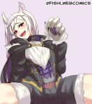  1girl animal_ears belt fire_emblem fire_emblem_awakening fire_emblem_heroes fishi_webcomics gloves grima_(fire_emblem) long_sleeves open_mouth paw_gloves paws purple_background red_eyes robin_(fire_emblem) robin_(fire_emblem)_(female) simple_background solo spread_legs twintails twitter_username white_hair wolf_ears 