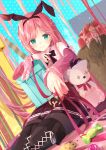  1girl absurdly_long_hair absurdres animal_ears aqua_eyes arcaea black_legwear blush cake candy chewing_gum chocolate_cake cookie food fruit highres hikari_(arcaea) indoors lace lace_legwear long_hair long_sleeves looking_at_viewer multicolored multicolored_nails pink_hair pink_shirt rabbit_ears samayoi shirt shorts shorts_under_skirt sidelocks sitting skirt smile solo strawberry stuffed_animal stuffed_toy teddy_bear very_long_hair 