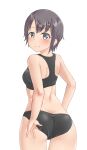  1girl adjusting_clothes adjusting_swimsuit aimobake ass back bangs bikini black_bikini blush closed_mouth commentary cowboy_shot eyebrows_visible_through_hair from_behind grey_eyes grey_hair highres idolmaster idolmaster_cinderella_girls looking_at_viewer looking_back otokura_yuuki short_hair simple_background smile solo standing swimsuit white_background 