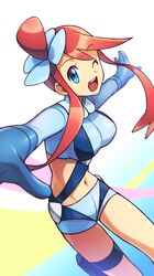  1girl ;d bangs blue_eyes blue_gloves blue_shorts breasts commentary_request crop_top eyebrows_visible_through_hair eyelashes gloves gym_leader hair_ornament highres holster lobolobo2010 navel one_eye_closed open_mouth pokemon pokemon_(game) pokemon_bw redhead short_shorts shorts sidelocks skyla_(pokemon) smile solo teeth tongue 