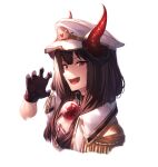  1girl :d belt_collar black_gloves brown_hair claw_pose collar enpera epaulettes from_side gloves hand_up hat horns ibuki_notsu long_hair looking_at_viewer open_mouth peaked_cap red_eyes scarf sharp_teeth sideways_mouth simple_background slit_pupils smile solo teeth upper_body upper_teeth vgaming white_background white_headwear yoruno_yui 