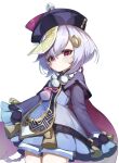  1girl absurdres blush chinese_clothes cowboy_shot genshin_impact hair_ornament half-closed_eyes hat highres iznal jiangshi long_sleeves purple_hair qiqi shorts simple_background sleeves_past_wrists solo white_background wide_sleeves 
