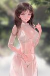  1girl artist_name bangs blush bra brown_eyes brown_hair chowbie commentary_request covered_navel highres medium_hair open_mouth original panties see-through thighs underwear vietnamese_dress white_bra white_panties 