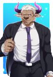  1boy alternate_costume animal_ears bara belt black_pants black_suit bulge chest cow_boy cow_ears cow_horns cowboy_shot formal furry highres horns male_focus muscle navel necktie one_eye_closed pants purple_horns shennong_(tokyo_afterschool_summoners) short_hair sideburns solo suit tokyo_houkago_summoners violet_eyes white_hair yanai_inaya 