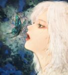  1girl aqua_eyes blue_butterfly bug butterfly insect long_hair open_mouth original portrait profile signature solo white_hair wryx 