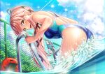  1girl abyssal_ship ass bangs black_ribbon blush bokukawauso breasts clouds commentary_request competition_swimsuit day enemy_lifebuoy_(kantai_collection) fence hair_flaps hair_ribbon kantai_collection long_hair looking_at_viewer one-piece_swimsuit open_mouth pink_hair ponytail pool pool_ladder ribbon sky swimsuit unowen very_long_hair water wet yellow_eyes yura_(kantai_collection) 