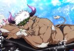  1boy animal_ears ass bara camouflage chest cow_boy cow_ears cow_horns crossed_arms furry head_on_arm headband horns lying male_focus male_swimwear muscle on_stomach purple_horns shennong_(tokyo_afterschool_summoners) short_hair sideburns solo swim_briefs swimwear thick_thighs thighs tokyo_houkago_summoners underwater underwear underwear_only violet_eyes white_hair yanai_inaya 