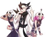  &gt;_o 1girl 2boys bangs black_hair black_scarf commentary_request eyelashes grimsley_(pokemon) hair_between_eyes half-closed_eyes hands_up highres holding holding_poke_ball jewelry lobolobo2010 long_hair looking_at_viewer multiple_boys necklace one_eye_closed parted_lips pink_eyes pink_hair poke_ball poke_ball_(basic) pokemon pokemon_(game) pokemon_sm sash scarf smile team_skull team_skull_grunt team_skull_uniform thigh_strap white_background wristband 