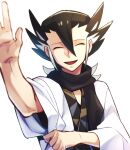  1boy bangs black_scarf closed_eyes commentary_request grimsley_(pokemon) hair_between_eyes hand_up lobolobo2010 male_focus open_mouth pokemon pokemon_(game) pokemon_sm scarf smile solo spiky_hair tongue waving white_background wide_sleeves 