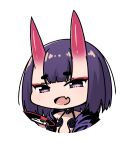  1girl :d chibi cup eyeshadow fang fate/grand_order fate_(series) head_tilt horns ibuki_notsu looking_at_viewer makeup oni_horns open_mouth sakazuki shuten_douji_(fate/grand_order) simple_background skin_fang smile solo upper_body violet_eyes white_background 